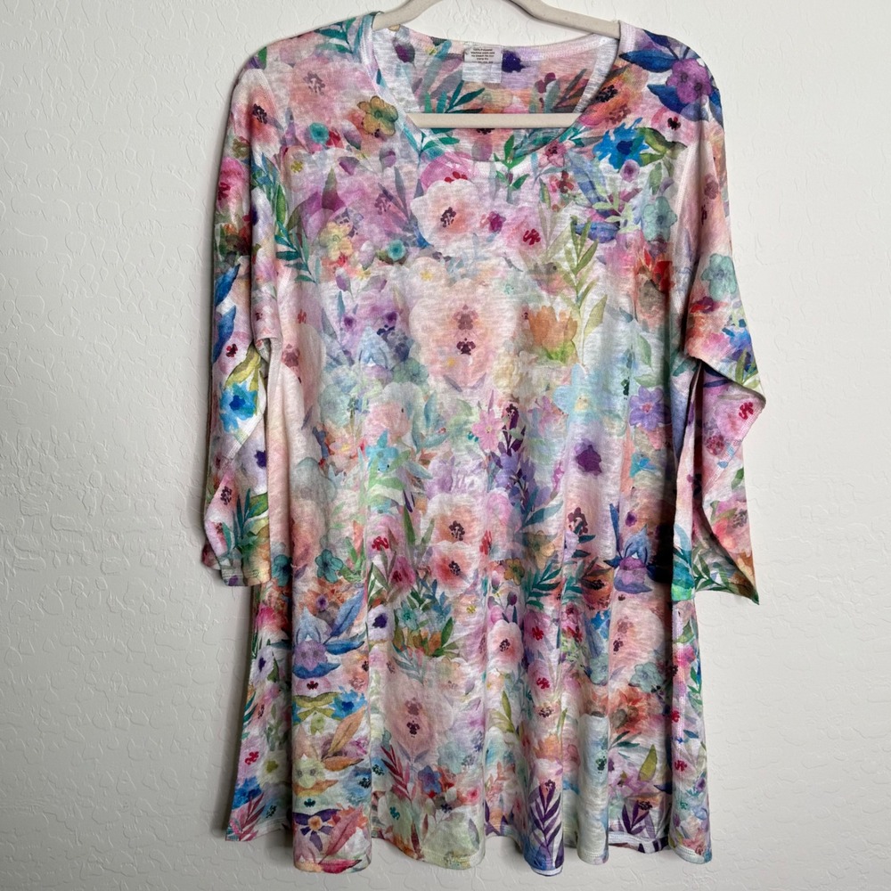 Et Lois Womens Polyester Tunic XL Multi Color Watercolor Floral Top Lagenlook